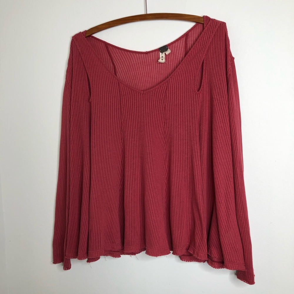 We the Free Ribbed Cutout Front Raw Hem Swing Long Sleeves Top S Boho Lagenlook